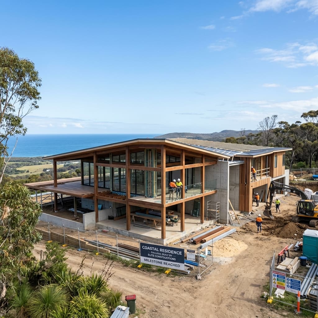 Contemporary Australian luxury home build progressing under blue skies