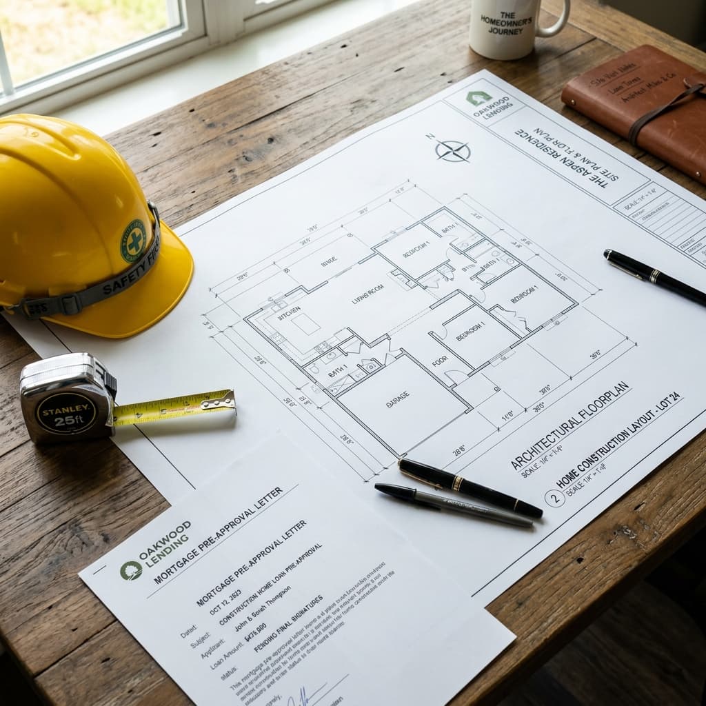 Architectural floorplan and pre-approval documentation on desk