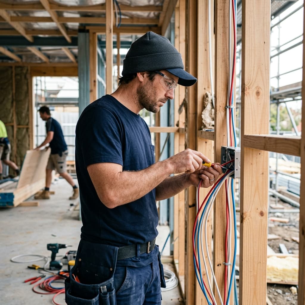 Self-employed Australian electrician tradie working on electrical wiring on construction site