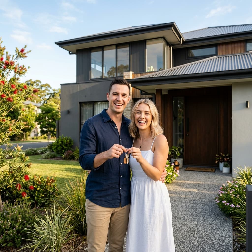 Australian home buyers outside modern home